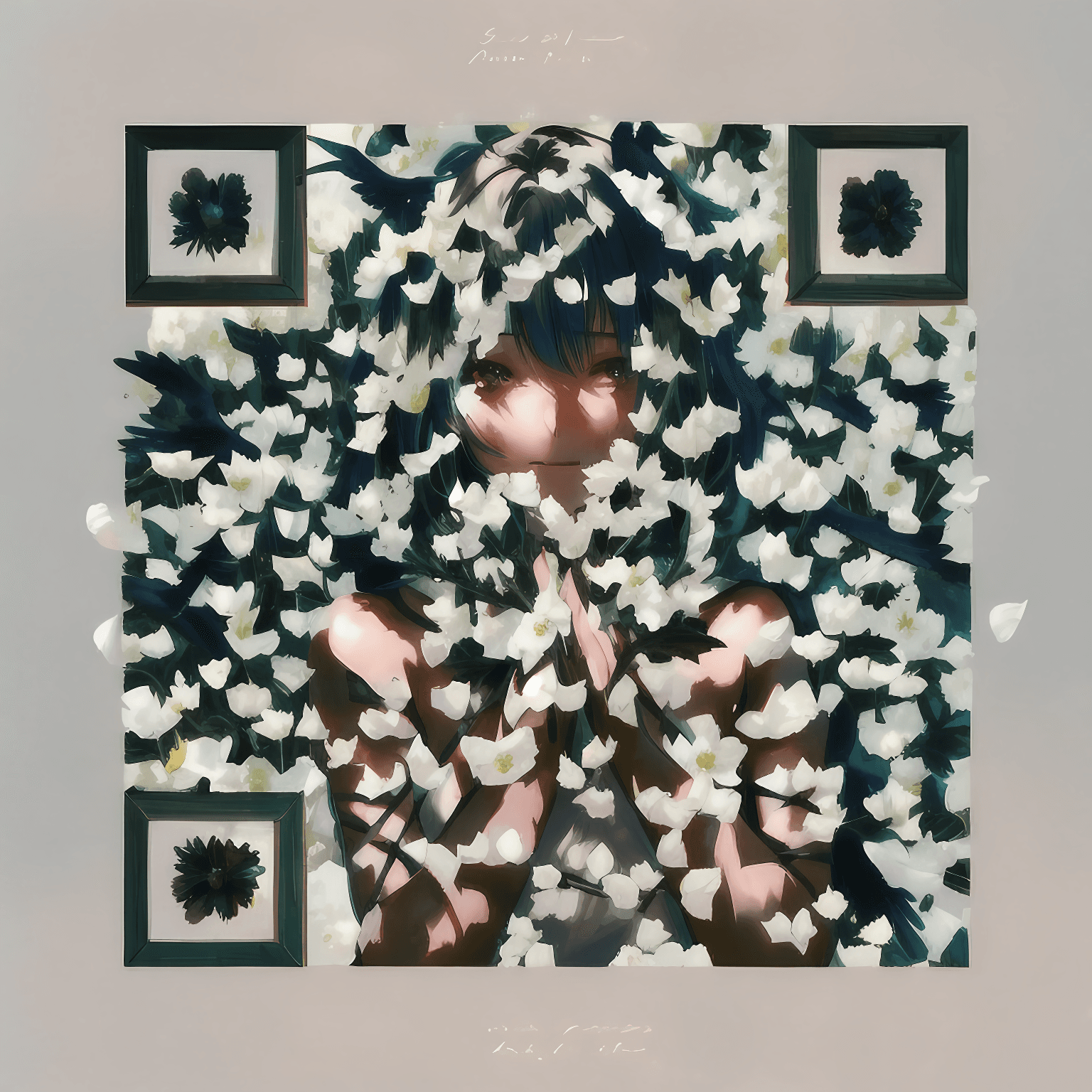 Raven and white-flower QR artwork, illustrating a printed code that stays unchanged